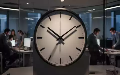 Eine Nahaufnahme eines modernen Zifferblatts, die Zeiger nähern sich Mitternacht. Im Hintergrund verschwommene Büroangestellte, die spät arbeiten. - Foto: über boerse-global.de