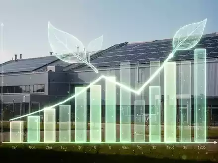 Eine stilisierte Grafik zeigt sinkende Emissionen, überlagert von einem Blatt-Symbol, vor einer modernen Fabrik mit Solarpaneelen. - Foto: über boerse-global.de