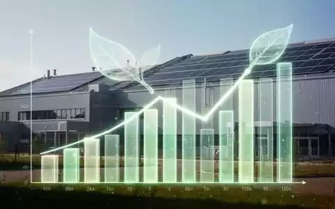 Eine stilisierte Grafik zeigt sinkende Emissionen, überlagert von einem Blatt-Symbol, vor einer modernen Fabrik mit Solarpaneelen. - Foto: über boerse-global.de