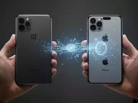 Two hands, one holding a OnePlus phone and the other an iPhone, connected by a glowing digital transfer animation, symbolizing file sharing. - Foto: über boerse-global.de