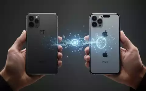 Two hands, one holding a OnePlus phone and the other an iPhone, connected by a glowing digital transfer animation, symbolizing file sharing. - Foto: über boerse-global.de
