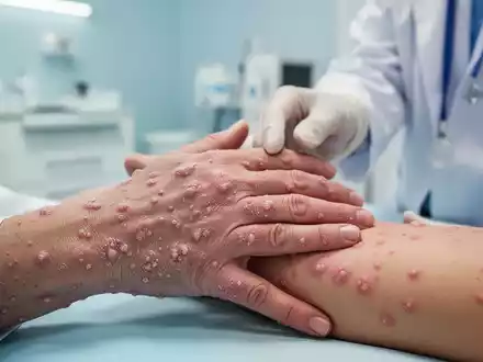 Nahaufnahme einer Hand mit pustulöser Psoriasis, die von einem Arzt in einer modernen Klinik untersucht wird, symbolisiert neue Behandlungen. - Foto: über boerse-global.de