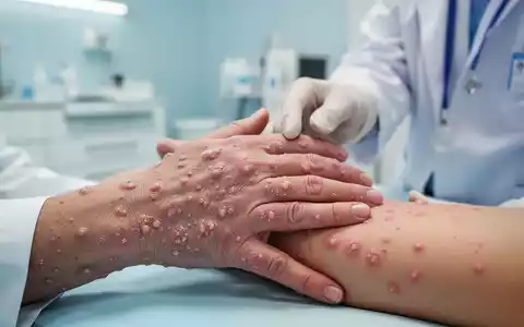 Nahaufnahme einer Hand mit pustulöser Psoriasis, die von einem Arzt in einer modernen Klinik untersucht wird, symbolisiert neue Behandlungen. - Foto: über boerse-global.de