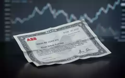 Nahaufnahme einer leicht zerknitterten ABB-Aktienurkunde auf dunklem, reflektierendem Untergrund mit fallender Trendlinie im Hintergrund. - Foto: über boerse-global.de
