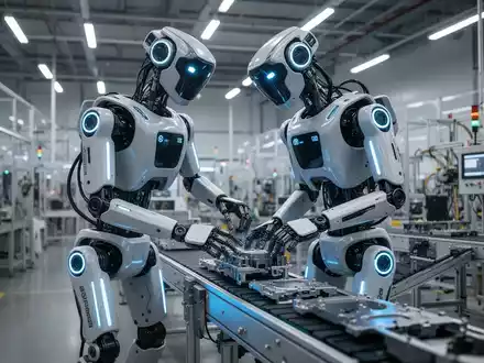 An advanced electric humanoid robot with glowing blue accents works on an assembly line in a futuristic manufacturing facility. - Foto: über boerse-global.de