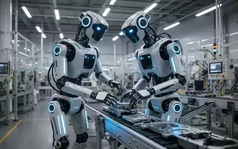 An advanced electric humanoid robot with glowing blue accents works on an assembly line in a futuristic manufacturing facility. - Foto: über boerse-global.de