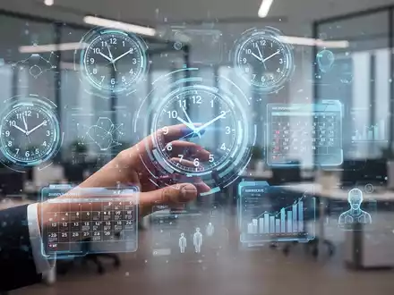 Eine Hand interagiert mit einer holografischen Anzeige, die Uhren und digitale Tools für Zeitmanagement und KI darstellt. - Foto: über boerse-global.de
