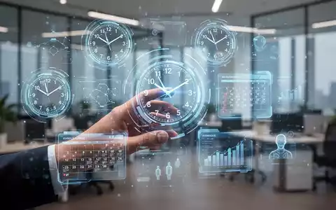 Eine Hand interagiert mit einer holografischen Anzeige, die Uhren und digitale Tools für Zeitmanagement und KI darstellt. - Foto: über boerse-global.de