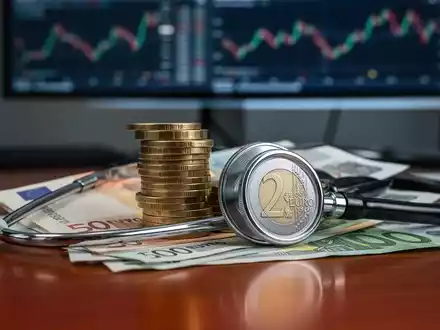 Ein Stapel Euro-Münzen und -Banknoten, teilweise verdeckt von einem Stethoskop, auf einem Schreibtisch mit unscharfen Finanzdiagrammen im Hintergrund. - Foto: über boerse-global.de