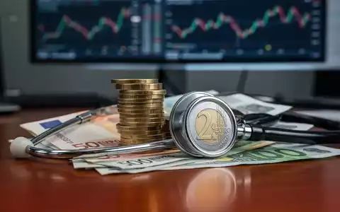 Ein Stapel Euro-Münzen und -Banknoten, teilweise verdeckt von einem Stethoskop, auf einem Schreibtisch mit unscharfen Finanzdiagrammen im Hintergrund. - Foto: über boerse-global.de
