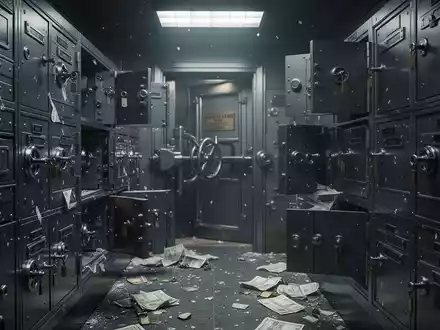 A dimly lit bank vault with several safe deposit boxes open, suggesting a recent bank heist and financial loss. - Foto: über boerse-global.de