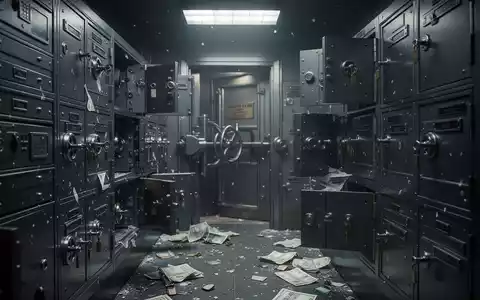 A dimly lit bank vault with several safe deposit boxes open, suggesting a recent bank heist and financial loss. - Foto: über boerse-global.de