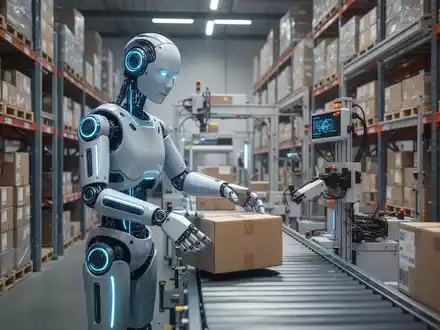 An advanced humanoid robot with glowing blue accents precisely places a package on a conveyor belt in a modern, automated warehouse. - Foto: über boerse-global.de