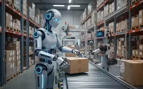 An advanced humanoid robot with glowing blue accents precisely places a package on a conveyor belt in a modern, automated warehouse. - Foto: über boerse-global.de
