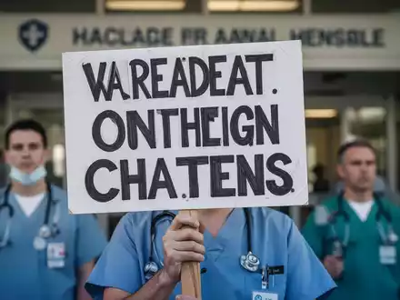 Ein Protestschild, das von einer Person in medizinischer Berufskleidung gehalten wird, mit einem Krankenhaus im Hintergrund. - Foto: über boerse-global.de