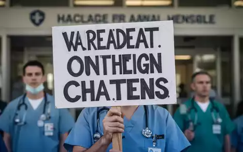Ein Protestschild, das von einer Person in medizinischer Berufskleidung gehalten wird, mit einem Krankenhaus im Hintergrund. - Foto: über boerse-global.de