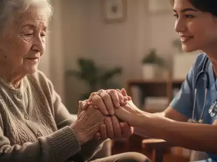 Hände einer älteren Person mit Demenz und eines pflegenden Angehörigen, die sich sanft halten. Fokus auf Empathie und Unterstützung. - Foto: über boerse-global.de