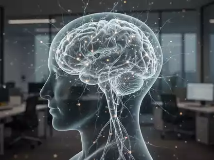 Abstrakte Darstellung mentaler Stärke und Fokus: leuchtendes neuronales Netzwerk in einem Kopfprofil vor verschwommenem Büro. - Foto: über boerse-global.de
