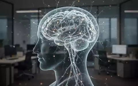 Abstrakte Darstellung mentaler Stärke und Fokus: leuchtendes neuronales Netzwerk in einem Kopfprofil vor verschwommenem Büro. - Foto: über boerse-global.de