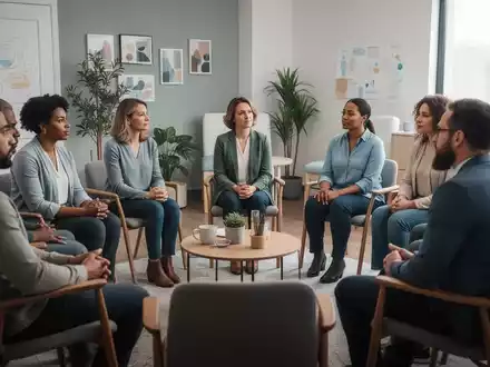 Eine Gruppe von Menschen sitzt in einem Halbkreis und nimmt an einer Gruppentherapiesitzung teil. - Foto: über boerse-global.de