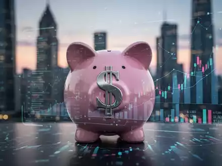Ein stilisiertes Sparschwein mit Dollarzeichen in einer digitalen Schnittstelle vor einem unscharfen Stadtbild bei Sonnenuntergang. - Foto: über boerse-global.de