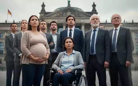 Eine vielfältige Gruppe von Arbeitnehmern, darunter eine schwangere Frau und eine Person im Rollstuhl, steht vor einem verschwommenen Gerichtsgebäude. - Foto: über boerse-global.de