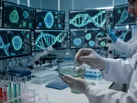 Wissenschaftler in einem Labor untersuchen medizinische Daten und ReagenzglĂ€ser, umgeben von modernster ForschungsausrĂŒstung. - Foto: ĂŒber boerse-global.de