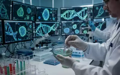 Wissenschaftler in einem Labor untersuchen medizinische Daten und Reagenzgläser, umgeben von modernster Forschungsausrüstung. - Foto: über boerse-global.de