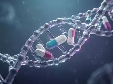 Abstrakte Darstellung von DNA-Strängen, die sich mit Medikamentenpillen verflechten, symbolisiert Genetik und Arzneimittelwirksamkeit. - Foto: über boerse-global.de