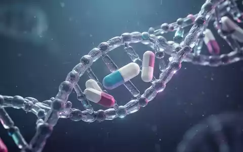 Abstrakte Darstellung von DNA-Strängen, die sich mit Medikamentenpillen verflechten, symbolisiert Genetik und Arzneimittelwirksamkeit. - Foto: über boerse-global.de