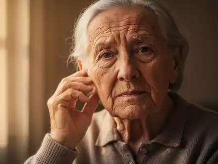 Eine nachdenkliche ältere Person im Alter von 70 Jahren berührt sanft ihr Ohr, was auf Tinnitus oder Hörprobleme hindeutet. - Foto: über boerse-global.de