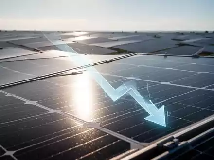Nahaufnahme eines Solarmoduls mit Sonnenreflexion und einem subtilen digitalen Abwärtspfeil, dahinter eine große Solaranlage. - Foto: über boerse-global.de
