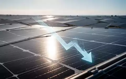 Nahaufnahme eines Solarmoduls mit Sonnenreflexion und einem subtilen digitalen Abwärtspfeil, dahinter eine große Solaranlage. - Foto: über boerse-global.de