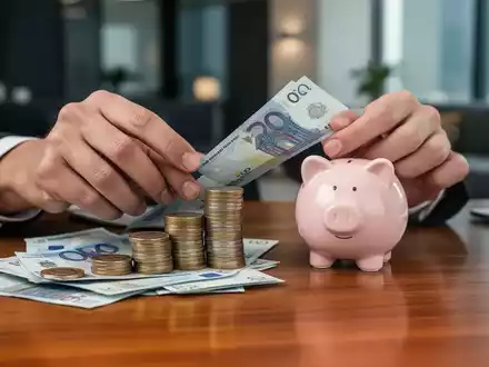 Hände stapeln Euro-Münzen und Banknoten auf einem Holztisch neben einem Sparschwein, symbolisierend finanzielle Rücklagen und Sparstrategien. - Foto: über boerse-global.de