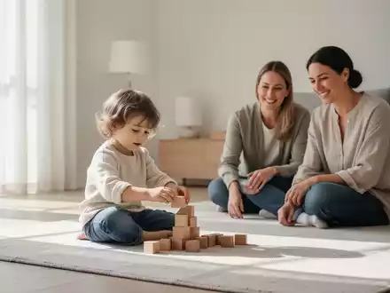 Eine Familie in einem minimalistisch eingerichteten Wohnzimmer, ein Kind spielt mit Holzklötzen, Eltern schauen lächelnd zu. - Foto: über boerse-global.de