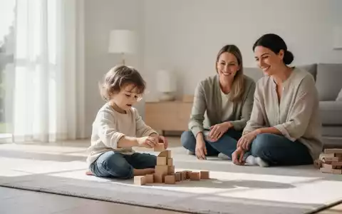 Eine Familie in einem minimalistisch eingerichteten Wohnzimmer, ein Kind spielt mit Holzklötzen, Eltern schauen lächelnd zu. - Foto: über boerse-global.de