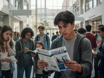 Eine Gruppe von Studierenden, einige wirken besorgt, andere unterhalten sich, auf einem modernen Universitätscampus. Eine Studentin betrachtet eine Broschüre zur Studienfinanzierung. - Foto: über boerse-global.de