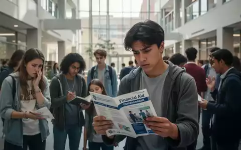 Eine Gruppe von Studierenden, einige wirken besorgt, andere unterhalten sich, auf einem modernen Universitätscampus. Eine Studentin betrachtet eine Broschüre zur Studienfinanzierung. - Foto: über boerse-global.de