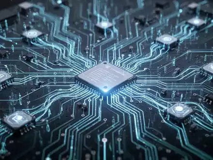 A close-up, illuminated view of a complex circuit board with digital data streams, symbolizing software updates and system processes. - Foto: über boerse-global.de