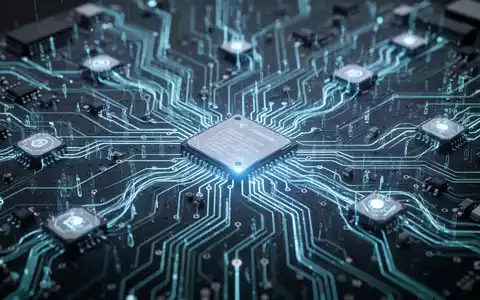 A close-up, illuminated view of a complex circuit board with digital data streams, symbolizing software updates and system processes. - Foto: über boerse-global.de