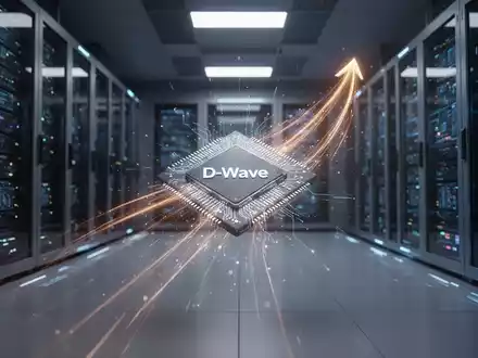 Ein stilisierter, leuchtender Quantencomputer-Chip mit einer aufsteigenden Lichtspur in einem futuristischen Rechenzentrum. - Foto: über boerse-global.de