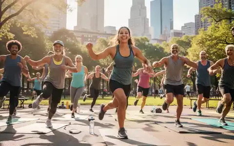 Eine vielfältige Gruppe von Menschen nimmt an einem kostenlosen Fitnesskurs im Freien in einem sonnigen Stadtpark teil. - Foto: über boerse-global.de