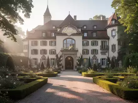 Ein luxuriöses Schlossklinikgebäude mit gepflegten Gärten im Morgenlicht, das Ruhe und hochwertige Gesundheitsversorgung symbolisiert. - Foto: über boerse-global.de