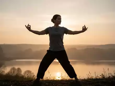 Eine ruhige Person praktiziert Qigong bei Sonnenaufgang, symbolisierend Achtsamkeit und Gesundheitsförderung. - Foto: über boerse-global.de