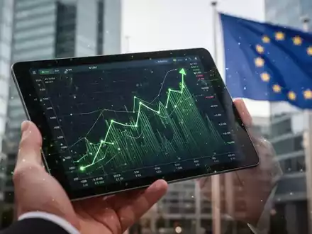 Eine Hand hält ein Tablet mit einem Finanzdiagramm, das einen Aufwärtstrend zeigt, im Hintergrund unscharfe Bürogebäude und eine EU-Flagge. - Foto: über boerse-global.de
