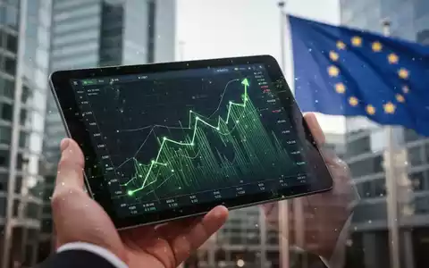 Eine Hand hält ein Tablet mit einem Finanzdiagramm, das einen Aufwärtstrend zeigt, im Hintergrund unscharfe Bürogebäude und eine EU-Flagge. - Foto: über boerse-global.de