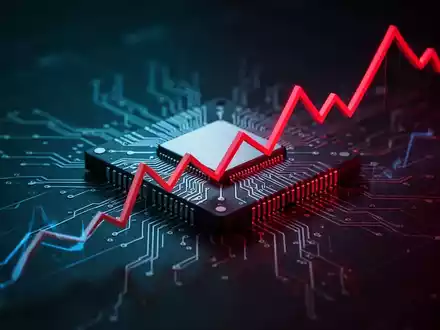 Eine stark fallende rote Graphiklinie über einem stilisierten Mikrochip, der einen Marktabsturz im Halbleitersektor symbolisiert. - Foto: über boerse-global.de