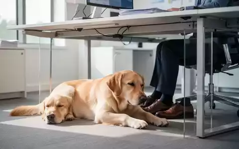 Ein ruhiger Hund liegt unter einem Schreibtisch in einem modernen Büro, Füße einer Person sind sichtbar. Symbolisiert Integration von Hunden am Arbeitsplatz. - Foto: über boerse-global.de