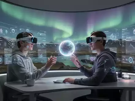A person wearing an Apple Vision Pro headset interacts with holographic applications and a glowing Siri orb in a futuristic workspace. - Foto: über boerse-global.de