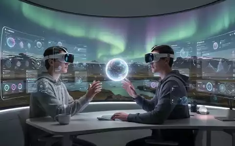 A person wearing an Apple Vision Pro headset interacts with holographic applications and a glowing Siri orb in a futuristic workspace. - Foto: über boerse-global.de